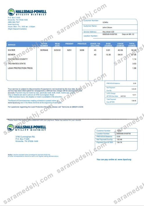 USA Hallsdale-Powell utility bill template in Word and PDF format